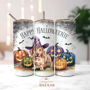 Funny Halloweenie Tumbler Wrap 20 oz Skinny Tumbler Sublimation PNG Digital Download PNG Doxie Mom Tumbler Design Tan Dachshund Tumbler Wrap