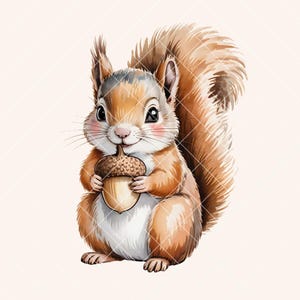 May include: Watercolor illustration of a cute squirrel holding an acorn. The squirrel has brown and white fur, pink cheeks, and a fluffy tail. The acorn is light brown. The background is a light beige color.