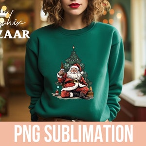 May include: A dark green sweatshirt features a graphic of Santa Claus holding a beer bottle near a Christmas tree. The text "PNG SUBLIMATION" is at the bottom. The sweatshirt has a crew neck.