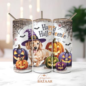 Happy Halloweenie Tumbler Wrap 20 oz Skinny Tumbler Sublimation PNG Digital Download PNG Doxie Mom Tumbler Design Tan Dachshund Tumbler Wrap