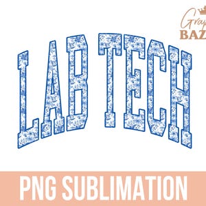 Puede incluir: Gráfico de sublimación con diseño floral azul y blanco con el texto "LAB TECH" en una fuente en negrita y arqueada.