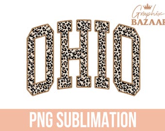 Diseño de sublimación con estampado de leopardo de Ohio, estilo universitario, diseño de camiseta de Ohio, patrón de leopardo estético, PNG del estado de Ohio