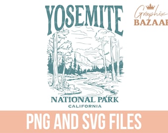 Parc national de Yosemite PNG turquoise vintage Californie Sublimation amoureux de la nature Clipart Yosemite Californie forêt SVG Américain Wanderlust SVG