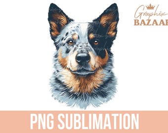 May include: A digital illustration of a blue merle Australian Shepherd dog with brown and black markings. The dog is looking directly at the viewer with a serious expression. The image is in a cartoon style and is suitable for use as a sublimation design.