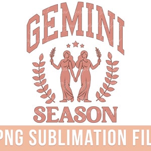 May include: A pink and white graphic design with the text "Gemini Season" in a bold font. The design features two stylized figures of women holding branches with leaves, and three stars above the text.