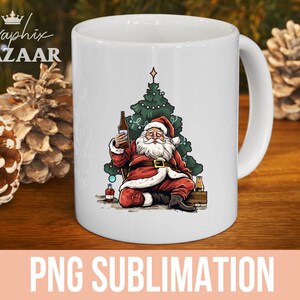 May include: White ceramic mug featuring a cartoon Santa Claus holding a beer bottle in front of a Christmas tree. Santa is wearing a red suit and hat with a black belt. The mug has the text "PNG SUBLIMATION".