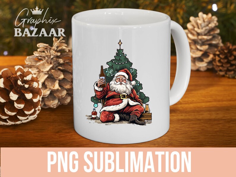 May include: White ceramic mug featuring a cartoon Santa Claus holding a beer bottle in front of a Christmas tree. Santa is wearing a red suit and hat with a black belt. The mug has the text "PNG SUBLIMATION".