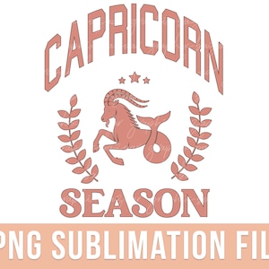 K&ouml;nnte beinhalten: Ein pinkfarbenes und wei&szlig;es Grafikdesign mit dem Text "Capricorn Season" und einem stilisierten Bild eines Steinbock-Sternzeichen.