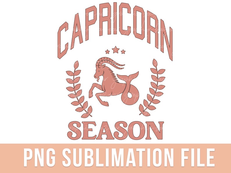 K&ouml;nnte beinhalten: Ein pinkfarbenes und wei&szlig;es Grafikdesign mit dem Text "Capricorn Season" und einem stilisierten Bild eines Steinbock-Sternzeichen.