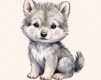 Ilustración de lobo en acuarela de alta resolución. Cachorro de lobo en acuarela PNG con fondo transparente. Ilustración de animales del bosque para sublimación.