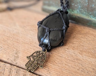 Macrame Healing Necklace with a Powerful Obsidian and Fatimas hand