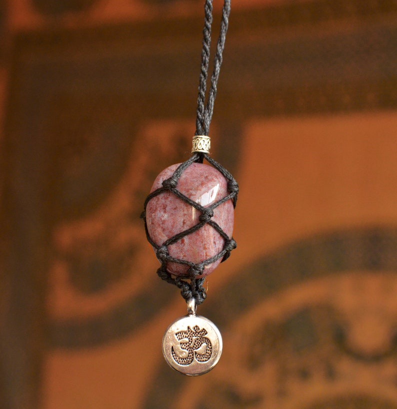Macrame Stone Holder Necklace with Purple Jasper and Aum symbol