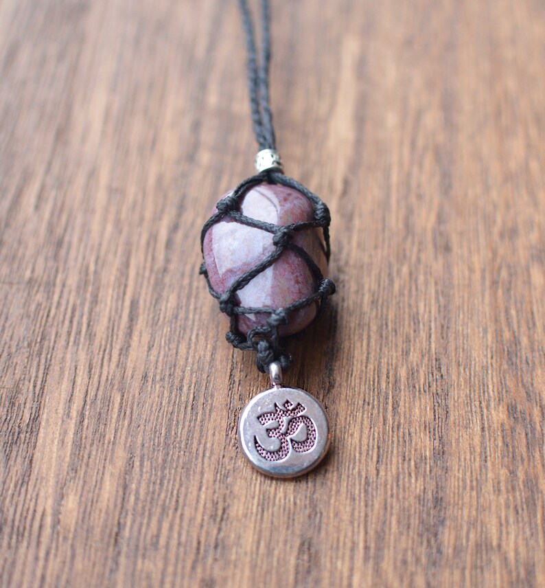 Macrame Stone Holder Necklace with Purple Jasper and Aum symbol