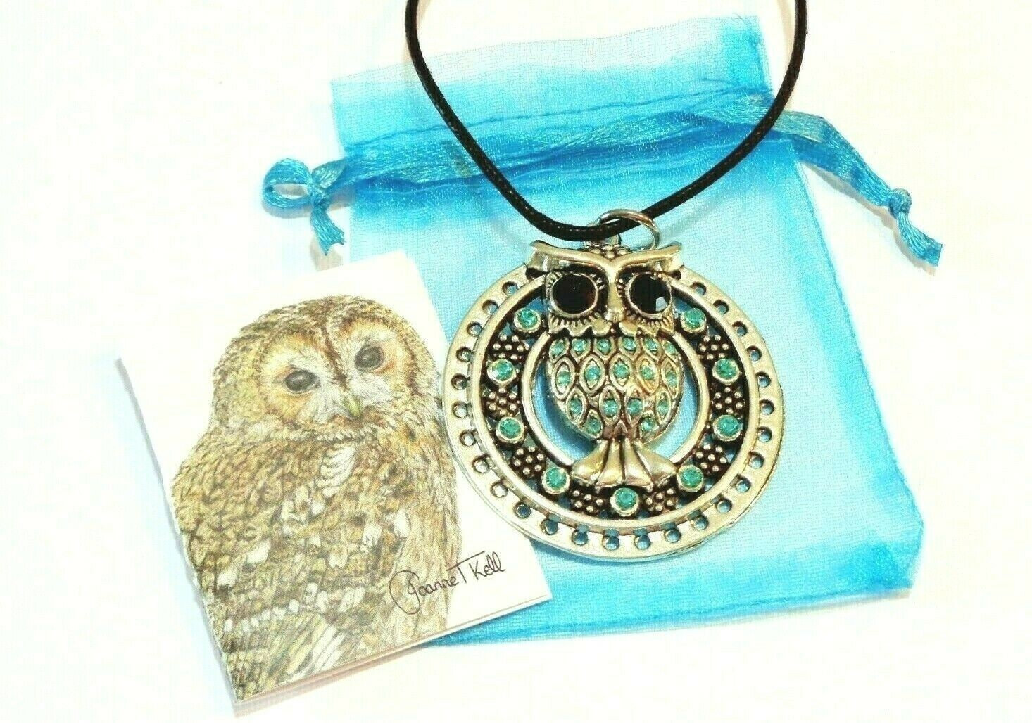 Turquoise Jeweled Owl Pendant Necklace - Adjustable Cord