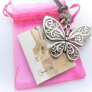 MARIPOSA DE FILIGRANA Y JOYA IRIDISCENTE Collar colgante grande de cordón ajustable largo o corto - Tarjeta de regalo de artistas y bolsa de regalo incluida