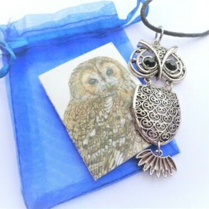 ANTIK SILBER 'Jointed Owl' Lange oder kurze verstellbare Kordel Großer Anhänger / Halskette - Künstler Geschenkkarte & Geschenkbeutel inklusive