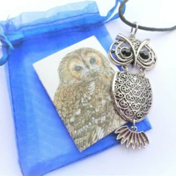 ANTIQUED SILVER 'Jointed Owl'  Long or Short Adjustable Cord Large Pendant / Necklace - Artists Gift Card & Gift Bag Included