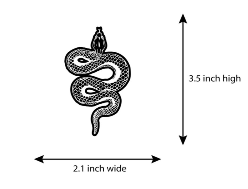 May include: Black and white illustration of a snake with its head raised, measuring 2.1 inches wide and 3.5 inches high.