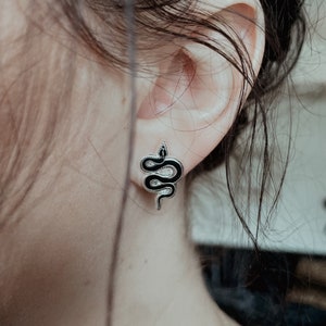 May include: A pair of silver earrings with a black snake design.