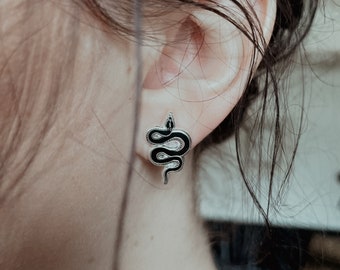 Silver and Black Snake Stud Earrings