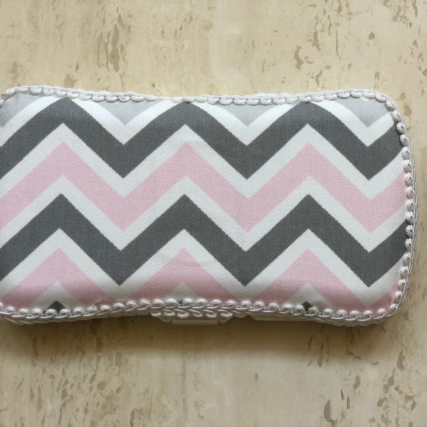 Travel Baby Wipe Case, Pink White and Gray Chevron, Diaper Bag, Baby Wipes, Baby Layette, Baby Shower Gifts, Baby Wipe Holder, Wipes