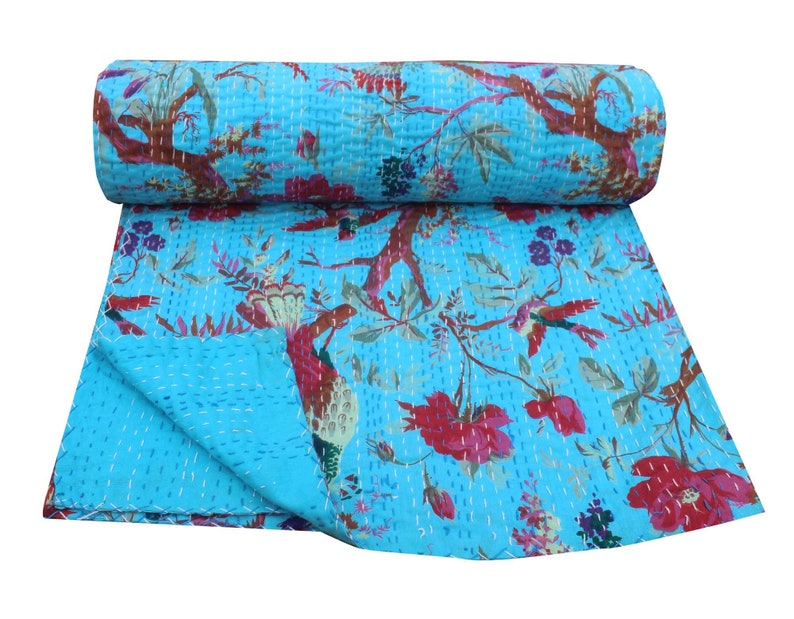 Handmade Cotton Kantha Quilt Turquoise Color Indian Bohemian Floral And Bird Print Bedspread Bedding Coverlet Blanket Throw