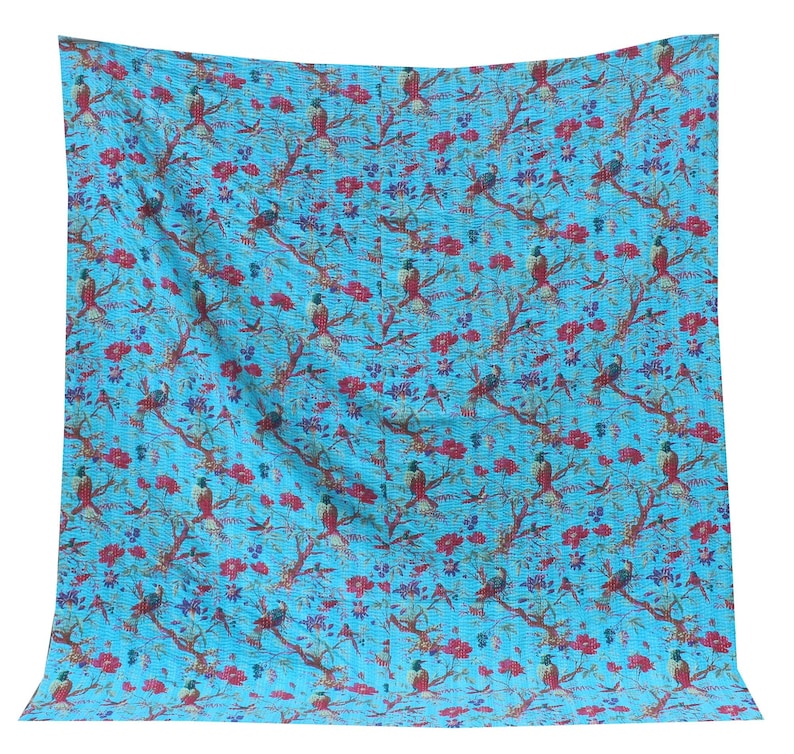 Handmade Cotton Kantha Quilt Turquoise Color Indian Bohemian Floral And Bird Print Bedspread Bedding Coverlet Blanket Throw