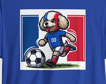 Franse poedel houdt van voetbalshirt, Frankrijk voetbal, Frankrijk vlag kleuren, schattige poedel, Franse speler, Franse speler, voetballer, voetbal geschenken