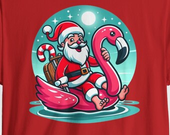 Christmas in July Summer Flamingo Float Shirt, Xmas Shirt, Funny Santa In July, Summer Xmas Party, Pink Flamingo, Summer Vacation Vcay Shirt
