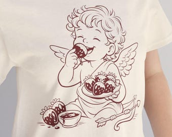 Camiseta con garabatos de Cupido para San Valentín, fresas cubiertas de chocolate