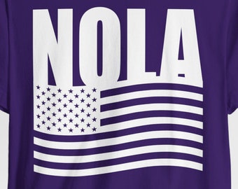 NOLA USA 旗シャツ、ニューオーリンズ市、ルイジアナ シャツ、愛国的、赤、白、青、アメリカ、ルイジアナ原住民、マルディ グラス、NOLA ギフト