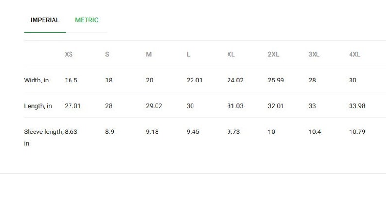 May include: Size chart for a shirt with measurements in inches for width, length, and sleeve length. Sizes range from XS to 4XL.