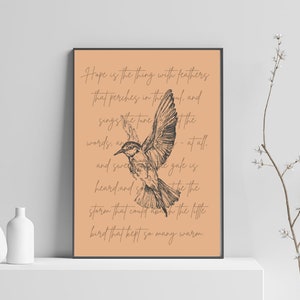 Nadzieja to rzecz z piórami, Emily Dickinson Poetry Art Poster, Latający ptak na ścianę, Boho Nature Print, Dickinson Gift, WYDRUKOWANE/DO WYDRUKOWANIA