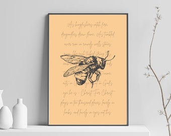 Arte de pared de abeja vintage, impresión física o cartel imprimible, cita cristiana de Hopkins de arte de la naturaleza de Boho amarillo, decoración del hogar literario de insectos vintage