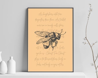 Vintage Bee Wall Art, fysieke print of afdrukbare poster, gele Boho Nature Art Hopkins Christian Quote, Vintage Insect Literary Home Decor