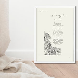 May include: A white framed print with a black and white floral design and the text "Jane Austen | Pride & Prejudice" at the top. The text below the floral design reads "It is a truth universally acknowledged, that a single man in possession of a good fortune, must be in want of a wife."