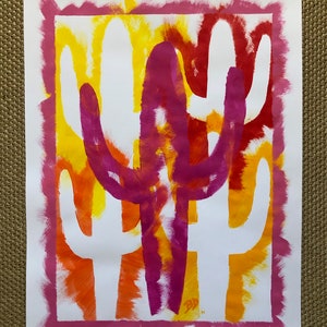 ORIGINAL STENCIL PAINTING: Violet Saguaro Cactus on Orange and Yellow | Acrylic on 18&quot; x 24&quot; Mixed Media Paper