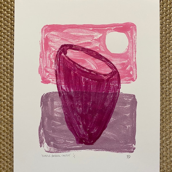 ORIGINAL MONOPRINT: "Purple Barrel Cactus" | 9"x12" image on 11"x14" paper | Acrylic Paint on Bristol Board