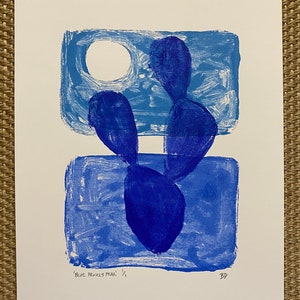 ORIGINAL MONOPRINT: &quot;Blue Prickly Pear&quot; | 9&quot;x12&quot; image on 11&quot;x14&quot; paper | Acrylic Paint on Bristol Board