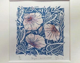 Handmade lino cut print of Bindweed, art nouveau style