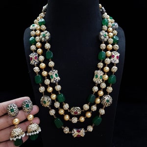 Victorian Emerald Pearl Long Mala, Layered Gold Bead Necklace Set, Antique Jhumka Earrings, Rani Haar Indian Wedding Jewelry, Pearl Mala