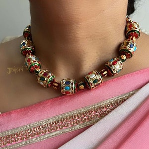 Jadau Navratana Beads Necklace Set With Earrings, Office Jewelry, Indian Wedding Necklace, Indian Jewelry, Designer Necklace, Beaded Mala