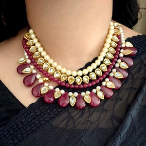 Ruby Red Kundan Necklace Set With Earrings, Indian Jewelry, Bollywood Jewelry Set, Sabyasachi Inspired Jewelry, Multi Layered Necklace
