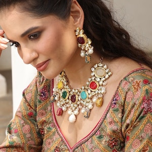 Multicolor Kundan Choker Set, Indian Jewelry, Bridal Jewelry, Festive Necklace Set, Partywear Choker Set, Wedding Jewelry Set, Pakistani Set