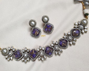 Purple Doublet Kundan Choker Necklace Antique, Victorian Necklace, Indian Jewelry, Bollywood Jewelry, Pakistani Jewelry, Sabyasachi Jewelry
