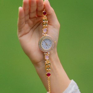 Kundan Meenakari Watch Women, Ruby Pink Ethnic Bracelet Watch, Indian Bridal Wrist Watch, Polki Enamel Watch, Festive Wedding Gift for Her