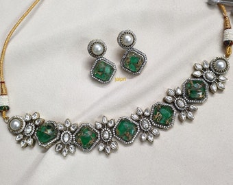 Green Doublet Kundan Choker Necklace Antique, Victorian Necklace, Indian Jewelry, Bollywood Jewelry, Pakistani Jewelry, Sabyasachi Jewelry