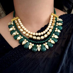 Emerald Green Kundan Necklace Set With Earrings, Indian Jewelry, Bollywood Jewelry Set, Sabyasachi Inspired Jewelry, Multi Layered Necklace