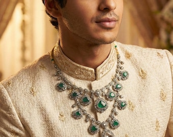 Collana da sposo Kundan ispirata a Ishan Khattar, gioielli da matrimonio indiani, Dulha Mala, collana con pietre Polki, accessori per Sherwani reali