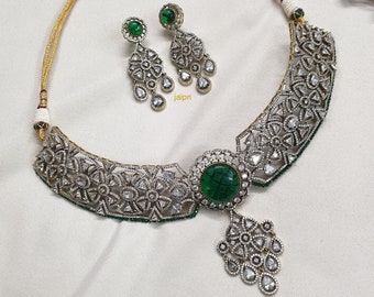 Green Stone CZ Diamond Bridal Necklace, Victorian Kundan Necklace, Indian Jewelry, Bollywood Jewelry, Pakistani Jewelry, Sabyasachi Jewelry